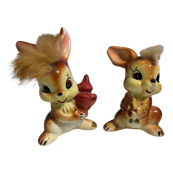 Vintage Mid Century Ceramic Rabbits Figurines with Real Fur Japan 1960 Set of 2 - Picture 1 of 5